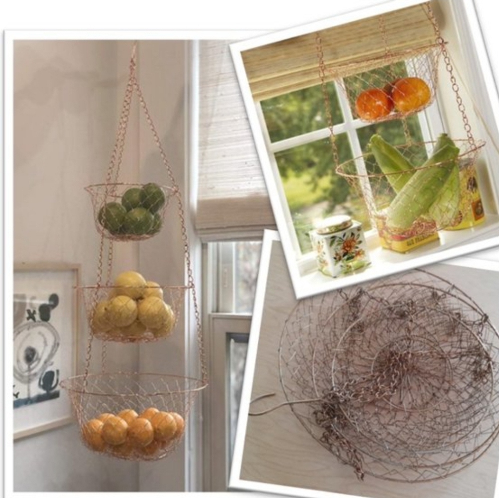 Vintage 3 Tier Copper Kitchen Wire Hanging Baskets Vegetables Fruit